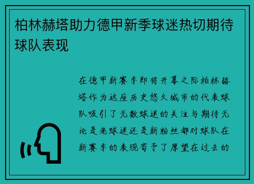 柏林赫塔助力德甲新季球迷热切期待球队表现